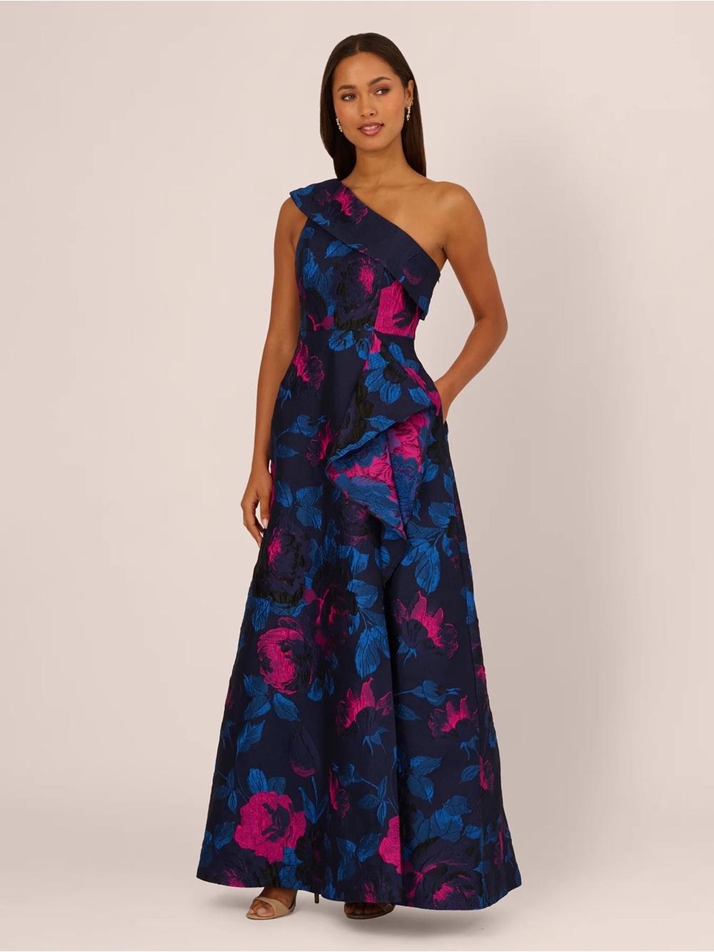 Adrianna Papell One Shoulder Floral Jacquard Gown In Navy Orchid NWT Size 4 - Picture 2 of 12